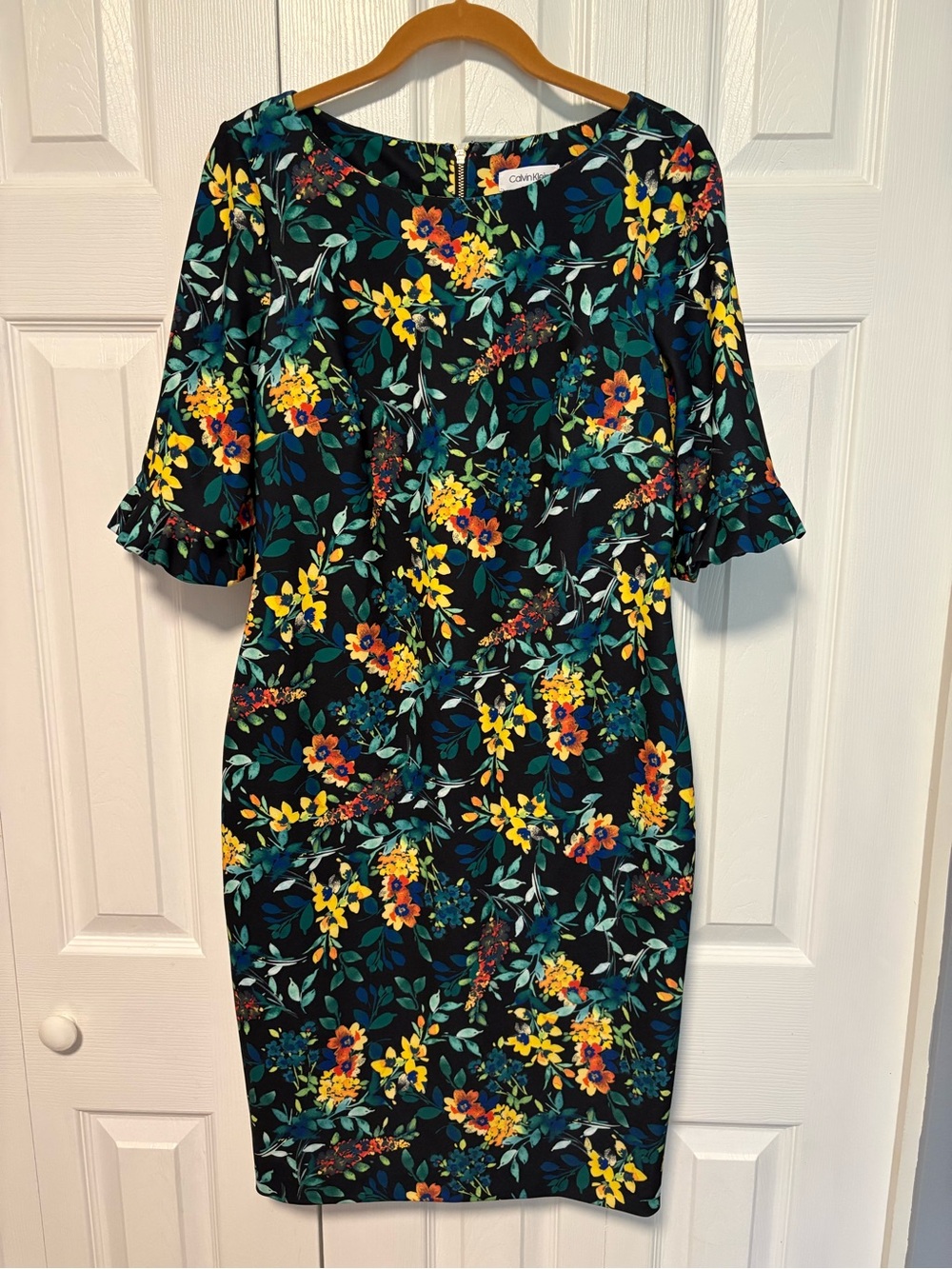 Calvin Klein Black and Vibrant Floral Shift Dress - Yellow & Teal Print